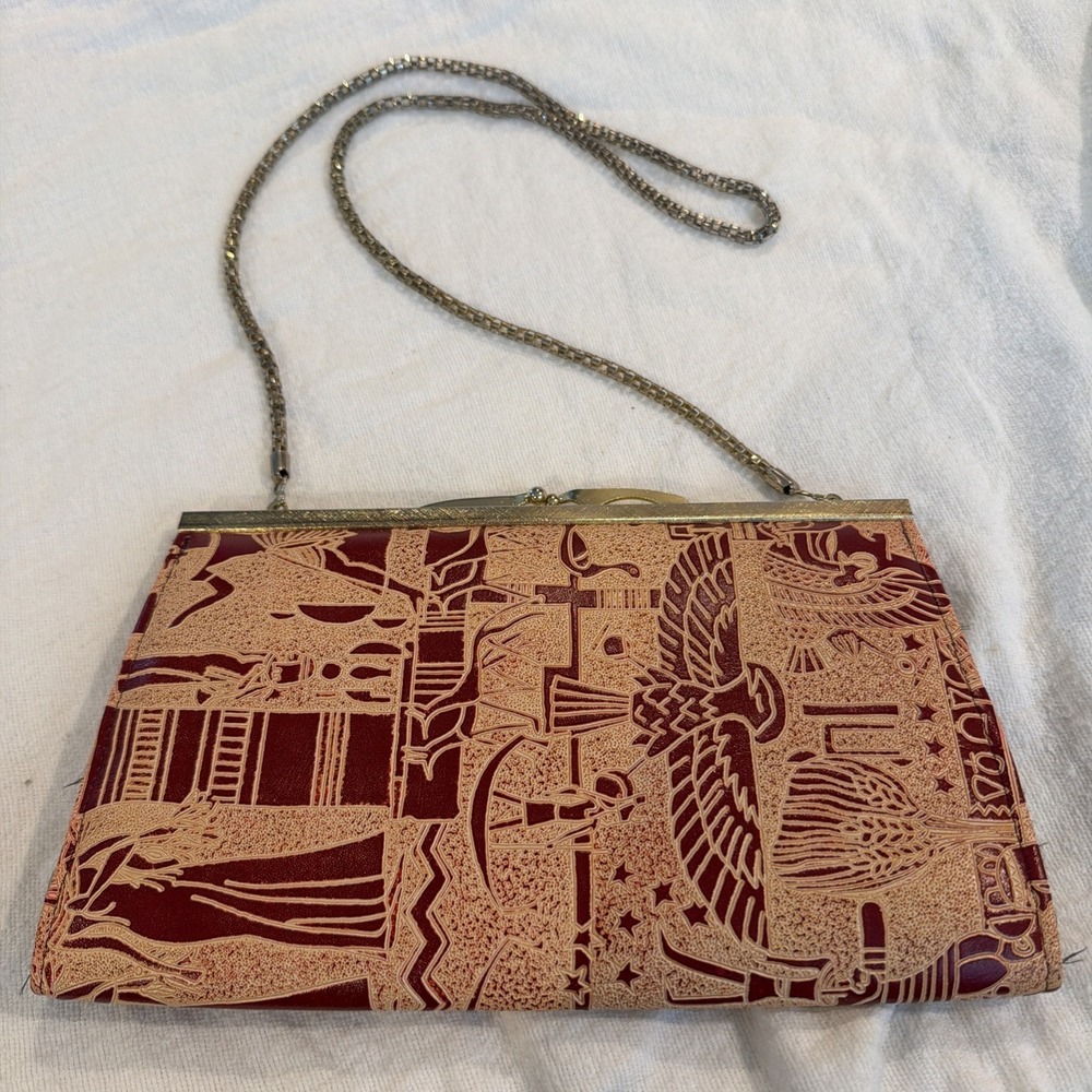 Vtg MCM Egyptian‎ Hieroglyphics Motif Tooled Leather Purse With Gold Tone Chain
